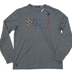 Polo Ralph Lauren Men’s MED Grey Heather Striped Logo Graphic L/S T-Shirt